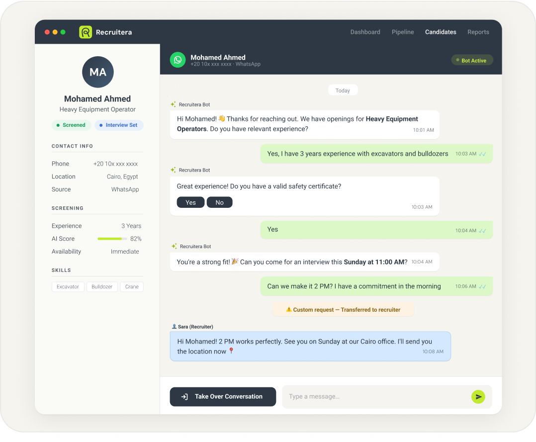 Recruitment dashboard showing candidates in Applied and Phone Call stages with profile photos, AI scores, days in stage, and comments.